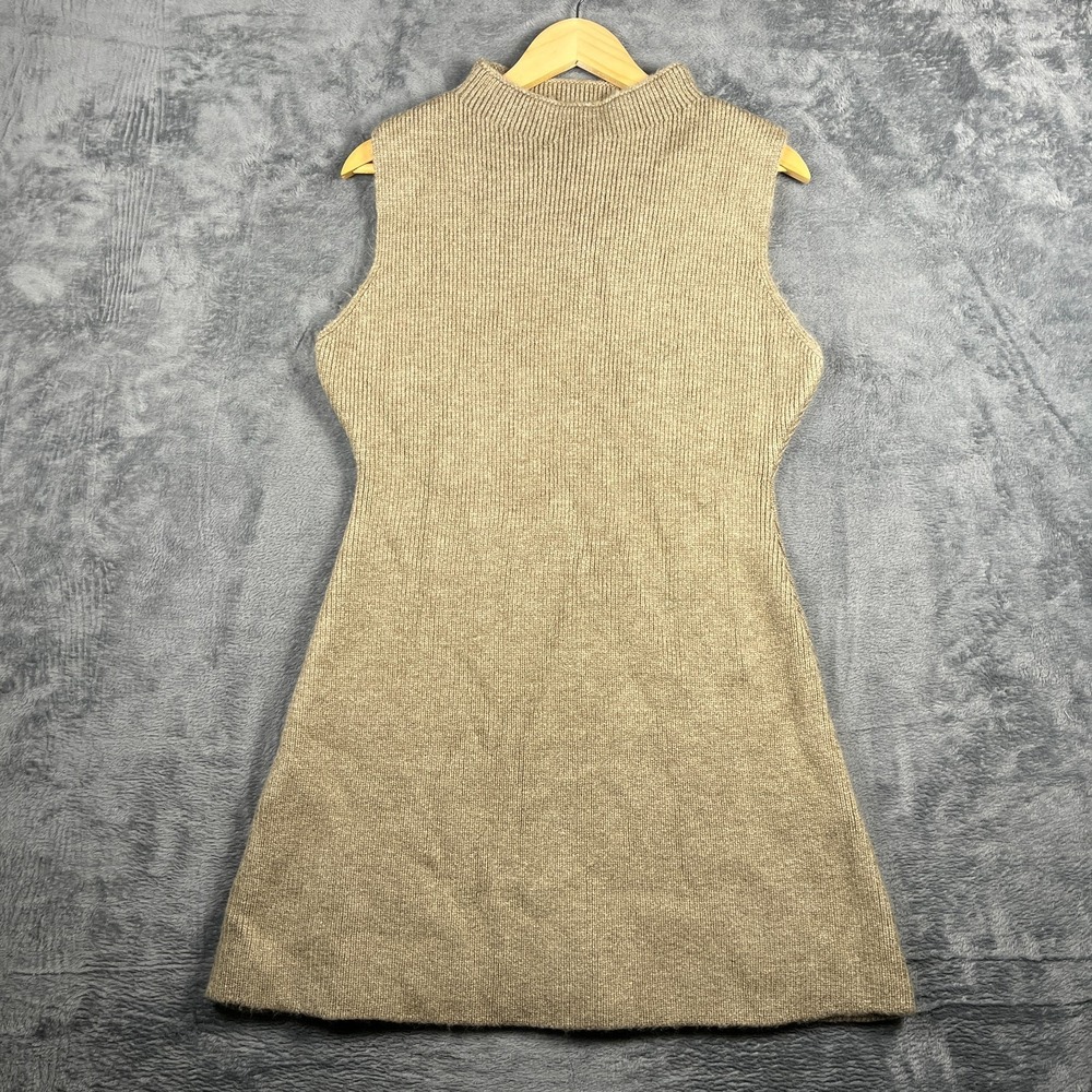 H&m Mini Dress Women Large Beige Ribbed Knit Mock Neck Sleeveless Party Cocktail